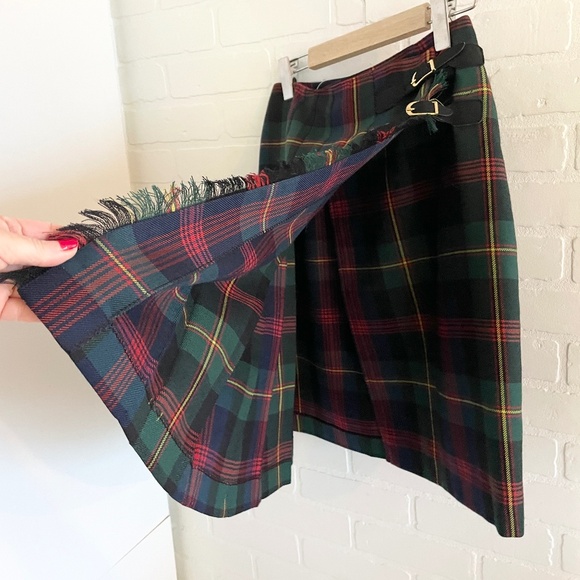 Vintage Plaid Wool Mini Skirt Tartan Wrap Fringe Drop waist Pleated Academia 6 - Picture 4 of 7